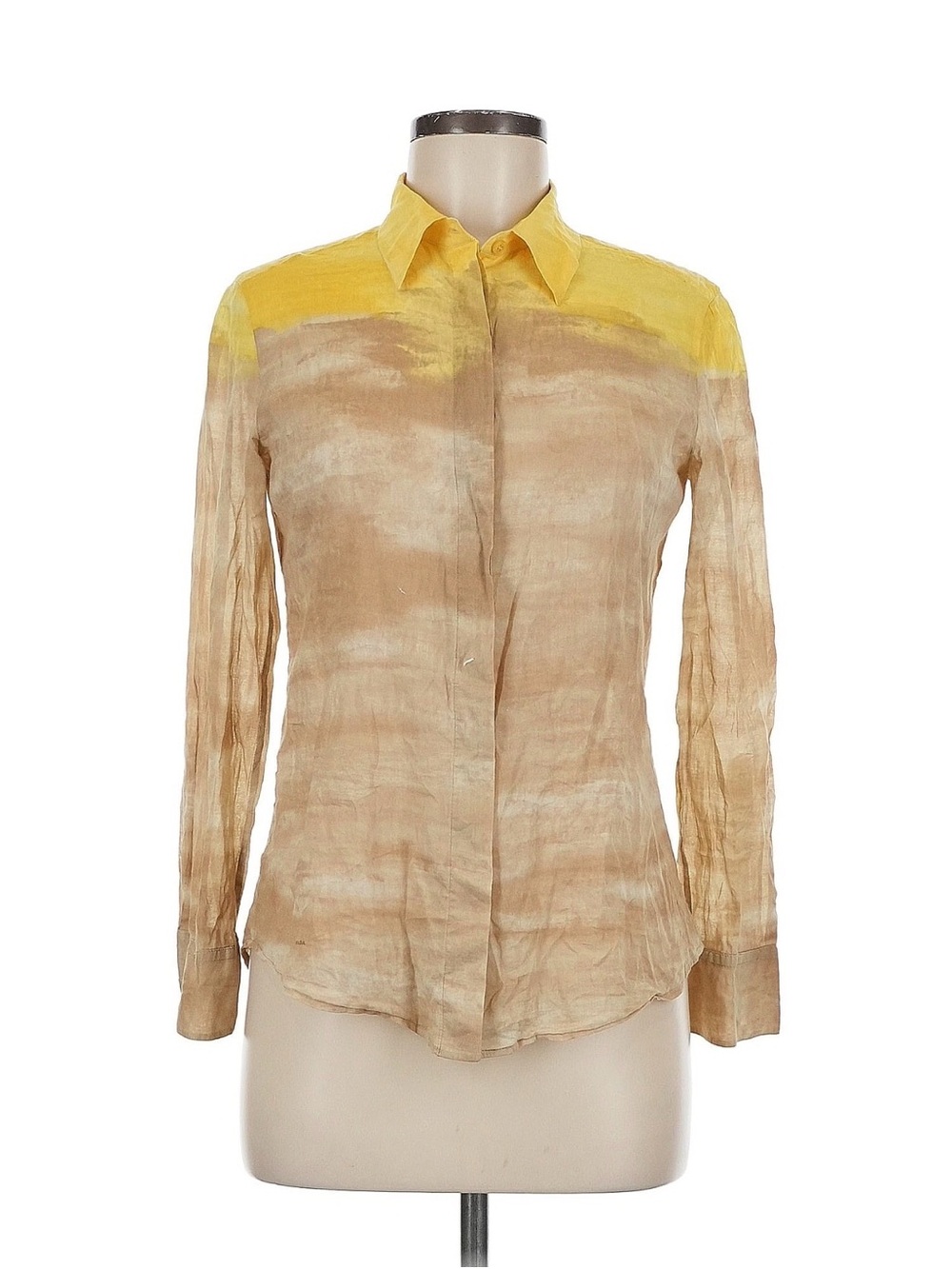 Womens Button-Front Sheer Blouse - Yellow and Beige
